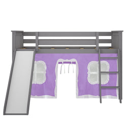 180213121061 : Loft Beds Twin-Size Low Loft with Slide with Curtain, Grey + Purple Curtain
