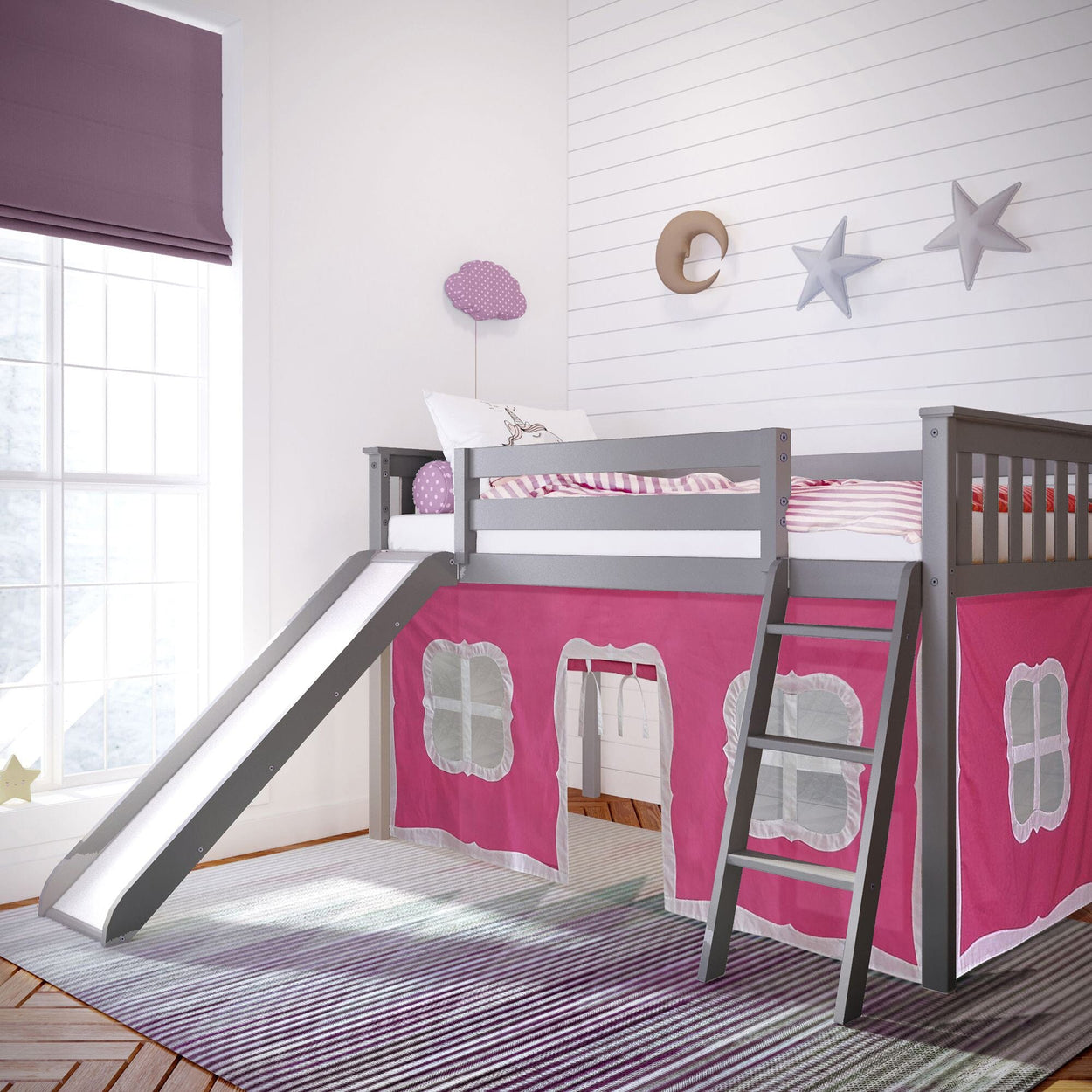 180213121078 : Loft Beds Twin-Size Low Loft with Slide with Curtain, Grey + Pink