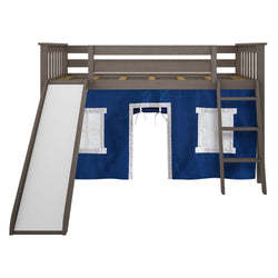 180213151022 : Loft Beds Twin-Size Low Loft with Slide with Curtain, Clay + Blue