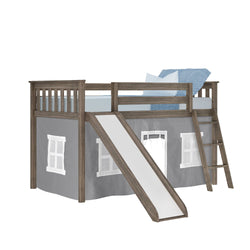 180213151054 : Loft Beds Twin-Size Low Loft with Slide with Curtain, Clay + Grey Curtain
