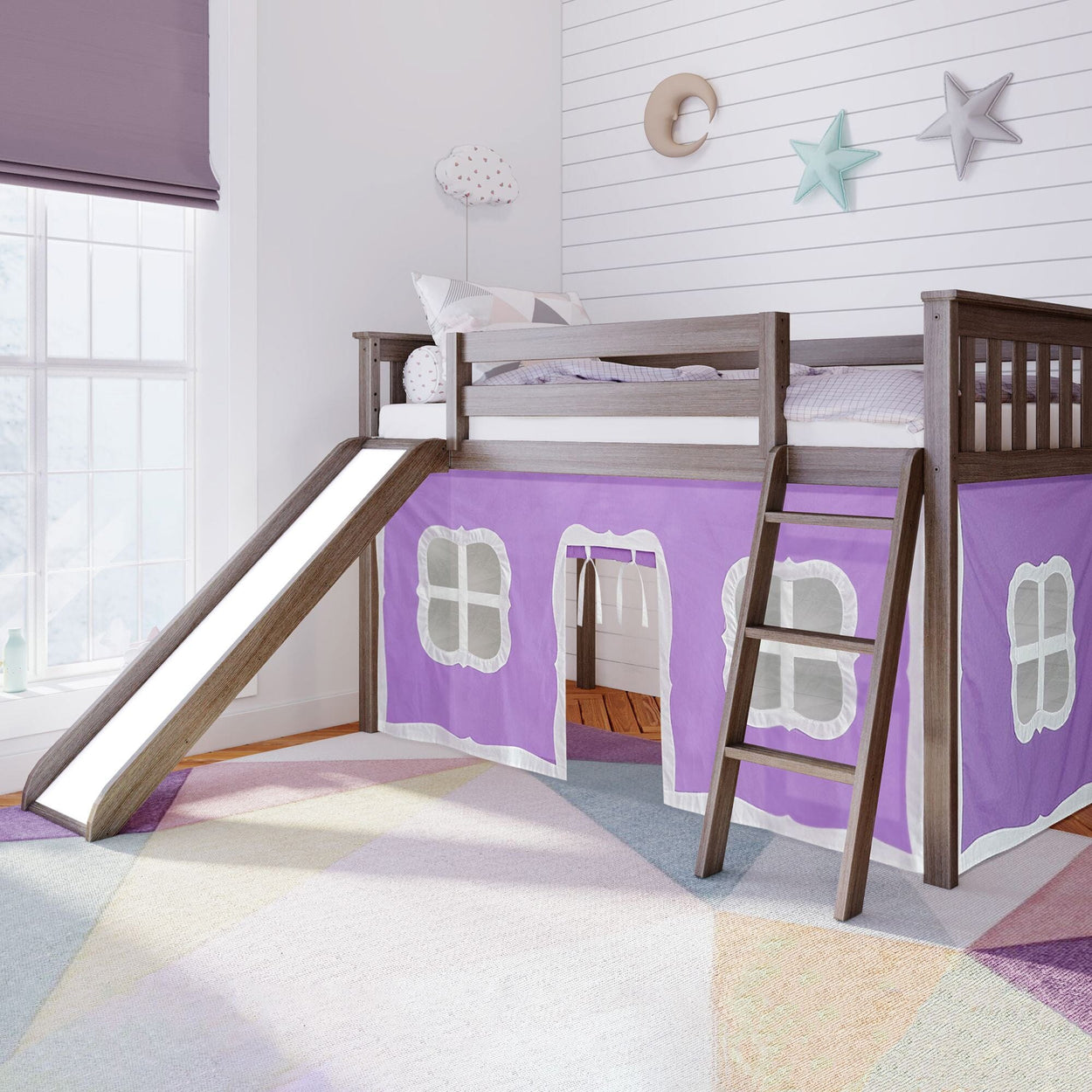 180213151061 : Loft Beds Twin-Size Low Loft with Slide with Curtain, Clay + Purple Curtain