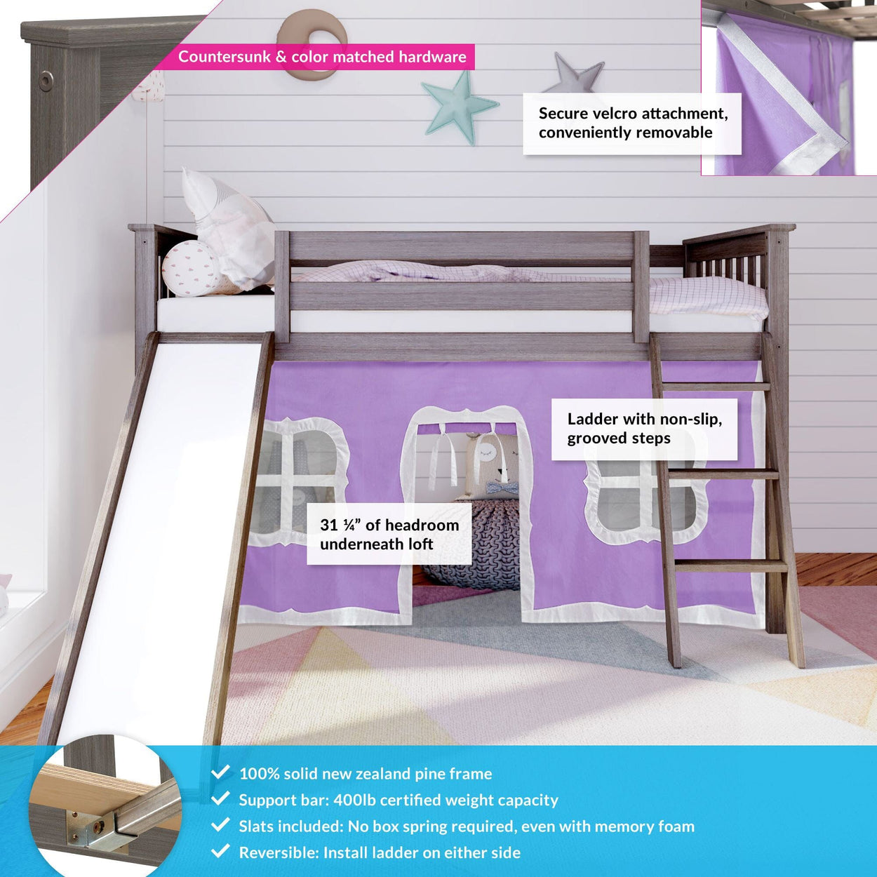 180213151061 : Loft Beds Twin-Size Low Loft with Slide with Curtain, Clay + Purple Curtain