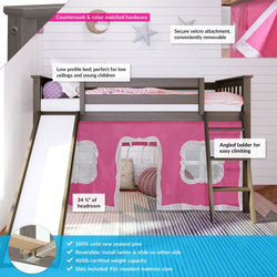 180213151078 : Loft Beds Twin-Size Low Loft with Slide with Curtain, Clay + Pink