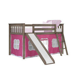 180213151078 : Loft Beds Twin-Size Low Loft with Slide with Curtain, Clay + Pink