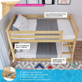 Solid New Zealand pine twin-over-twin wooden bunk bed for kids and toddlers, low-profile design with angled reversible ladder, slats included, 400 lb certified capacity, natural finish, fits standard mattresses