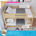 Low-profile solid New Zealand pine kids' bunk bed with safety rails, angled reversible ladder, countersunk hardware and polka-dot bedding, fits standard mattress (31¼″ headroom with 5″ mattress)