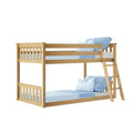 Light wood twin-over-twin bunk bed with ladder and blue bedding, space-saving kids' bedroom furniture