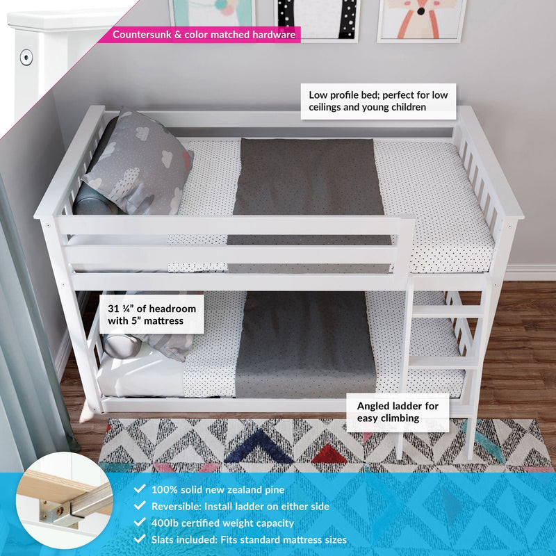 White low profile bunk bed with ladder, ideal for low ceilings; features solid New Zealand pine construction, accommodates standard mattress sizes, and supports up to 400lbs.