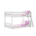 White wooden twin-over-twin bunk bed with pink bedding, ladder and safety rails, modern children's bedroom furniture