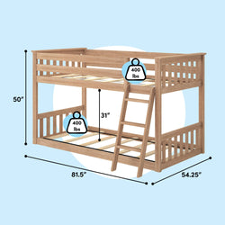 Natural wood twin-over-full bunk bed with ladder and slatted rails, light oak finish, 81.5 in L × 54.25 in W × 50 in H, 31 in lower clearance, 400 lb weight capacity per bed