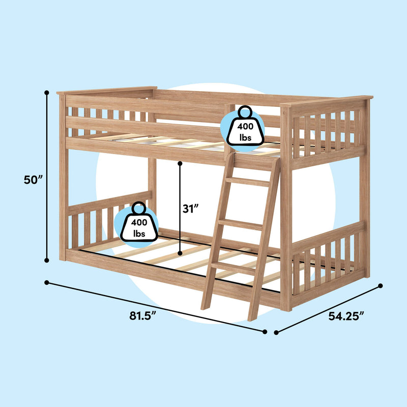 Natural wood twin-over-full bunk bed with ladder and slatted rails, light oak finish, 81.5 in L × 54.25 in W × 50 in H, 31 in lower clearance, 400 lb weight capacity per bed