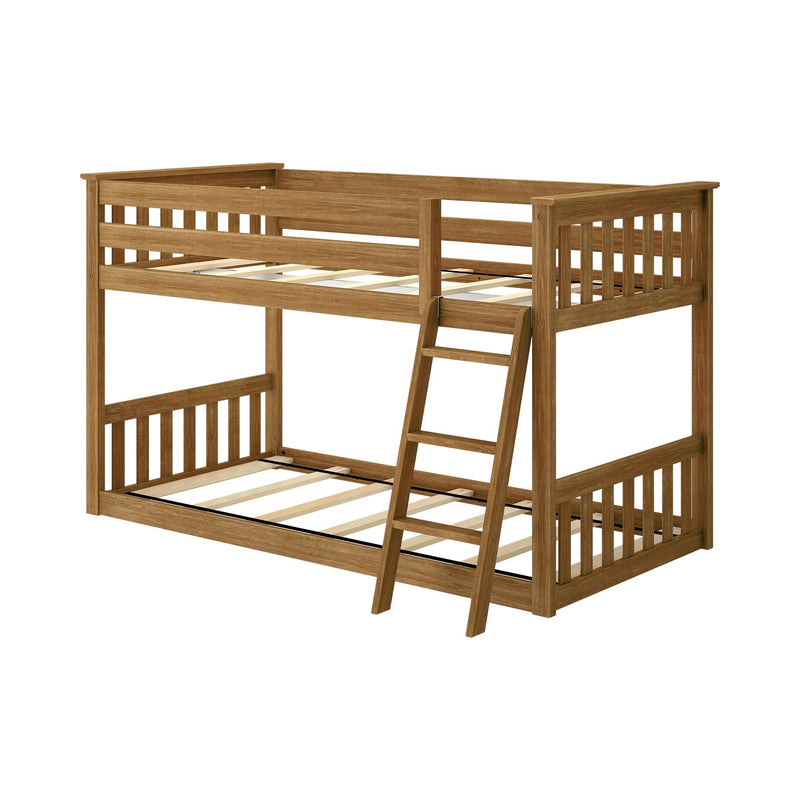 Wooden bunk bed with ladder, sturdy frame, ideal for kids' bedroom furniture.