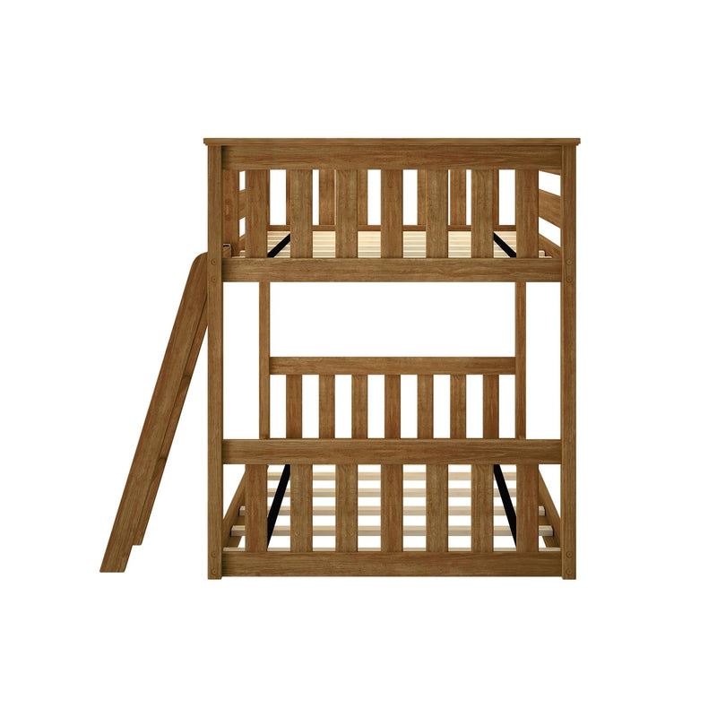 Wooden bunk bed with ladder, side view in natural finish, perfect for kids' room or guest space.
