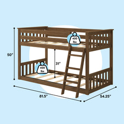 Brown wooden twin-over-twin bunk bed with ladder and slatted guardrails, 31 in clearance between bunks, dimensions 81.5 x 54.25 x 50 in and 400 lb weight capacity per bed