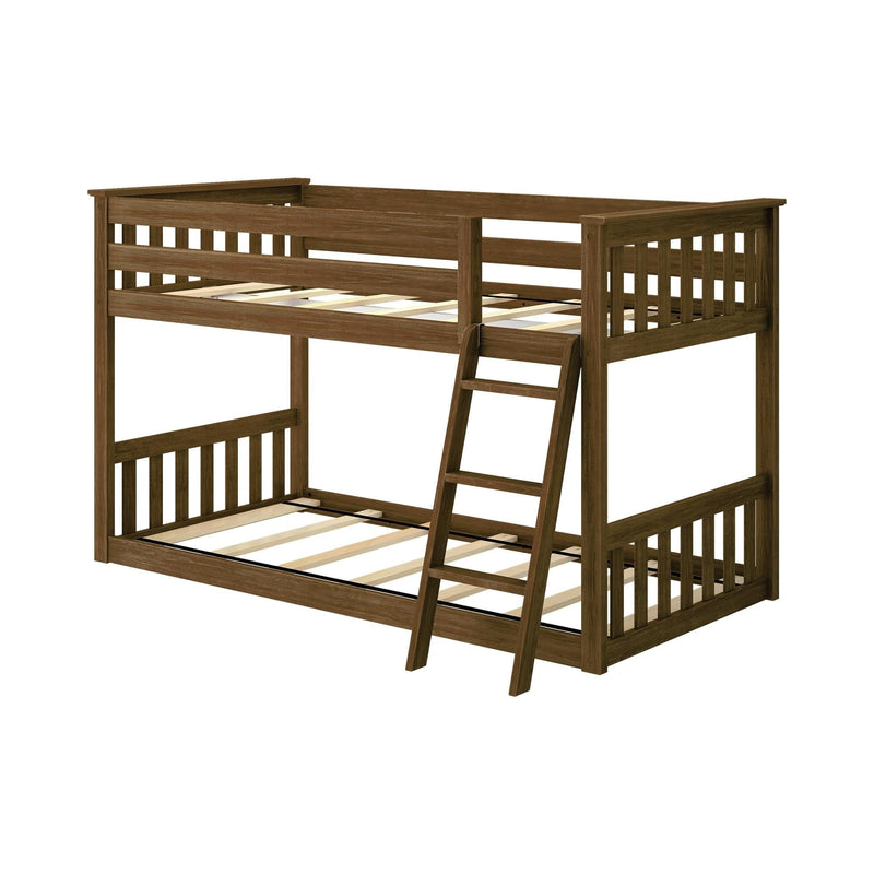 Brown solid wood twin-over-full bunk bed with ladder and guardrails, slatted mattress supports loft-style bed for kids' bedroom or guest room