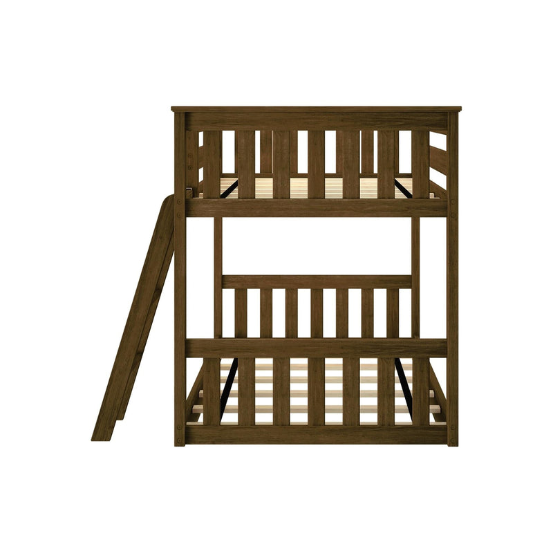 Dark brown solid wood twin-over-twin bunk bed with angled ladder and slatted guardrails, space-saving kids bedroom furniture