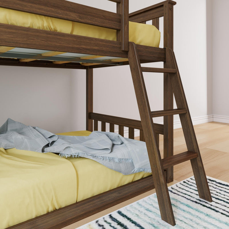 Walnut wooden twin-over-twin bunk bed with ladder, yellow bedding and light blue blanket in modern kids' bedroom