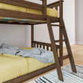 Solid walnut-tone wooden bunk bed ladder and guardrail with yellow bedding and light-blue throw in modern kids' bedroom