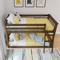 Wooden bunk bed with yellow bedding and decorative pillows in a modern kids bedroom featuring a ladder, striped rug and playful framed cat wall art, kids room decor