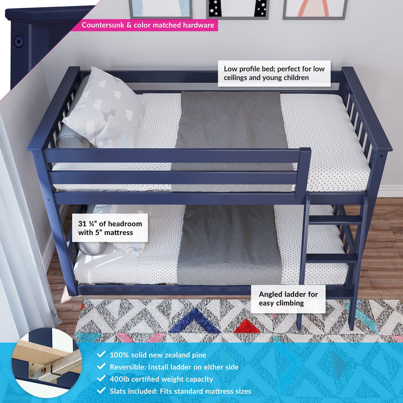 Kids' low profile bunk bed with angled ladder, built from 100% solid New Zealand pine, ideal for low ceilings, featuring reversible design and 400lb weight capacity.