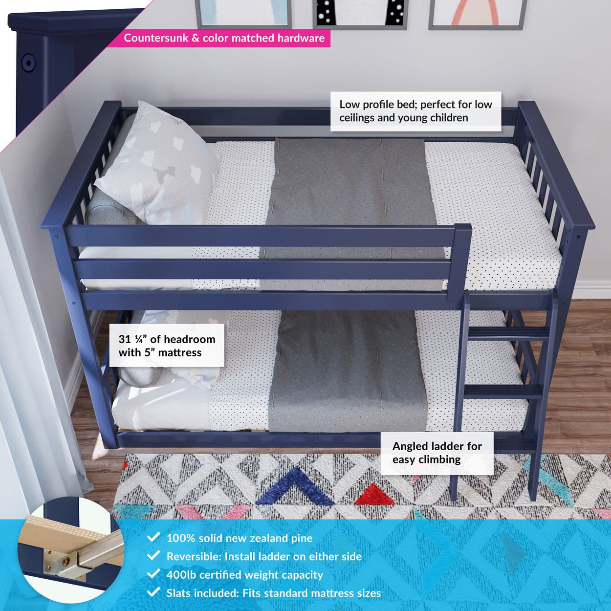 180214-131 : Bunk Beds Twin over Twin Low Bunk Bed, Blue