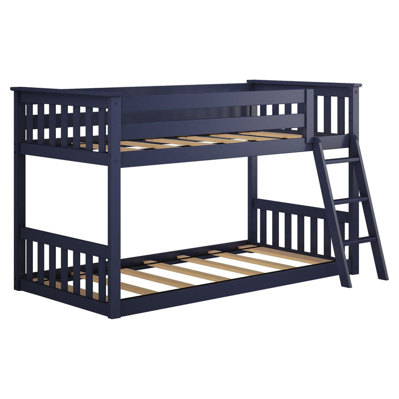 Blue wooden bunk bed with ladder featuring slatted design suitable for kids' rooms.