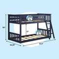 Navy blue wooden twin-over-full loft bunk bed with ladder, guardrails and slatted mattress platforms, 81.5" L x 54.25" W x 50" H, 400 lb capacity per bed