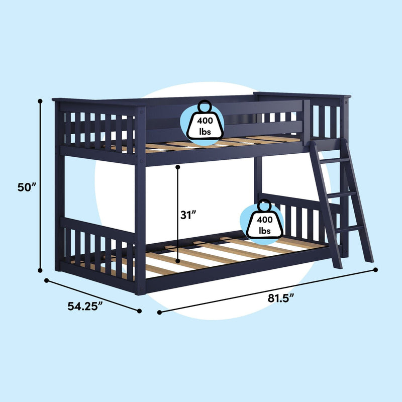 Navy blue wooden twin-over-full loft bunk bed with ladder, guardrails and slatted mattress platforms, 81.5" L x 54.25" W x 50" H, 400 lb capacity per bed