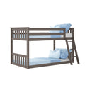 Gray twin-over-twin wood bunk bed with ladder and slatted guardrails, space-saving kids' bedroom furniture with blue bedding