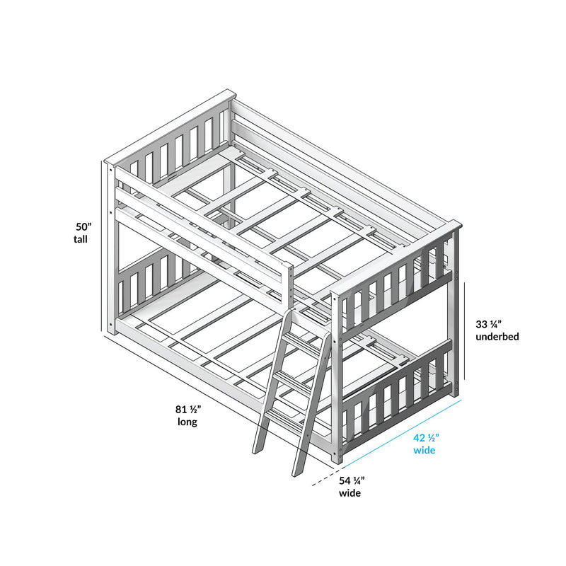 Diagram of a wooden twin bunk bed with dimensions: 81 1/2 inches long, 54 1/2 inches wide, 50 inches tall, showcasing a built-in ladder and safety rails.