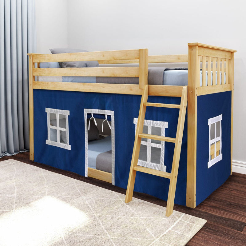 Children's wooden loft bed with blue tent and ladder, perfect for a playful bedroom setup.