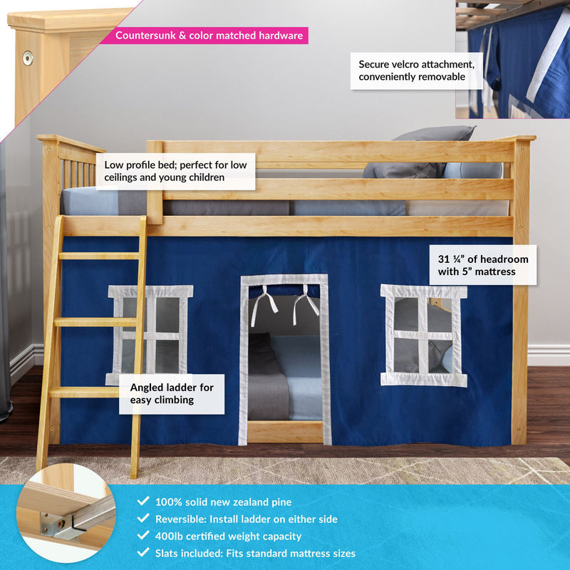 Low-profile solid pine kids loft bed with angled ladder, navy play-tent curtains, slatted safety rails and secure Velcro attachments