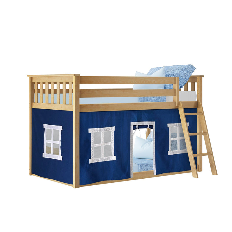 Wooden loft bed with blue curtain and ladder for kids' room.