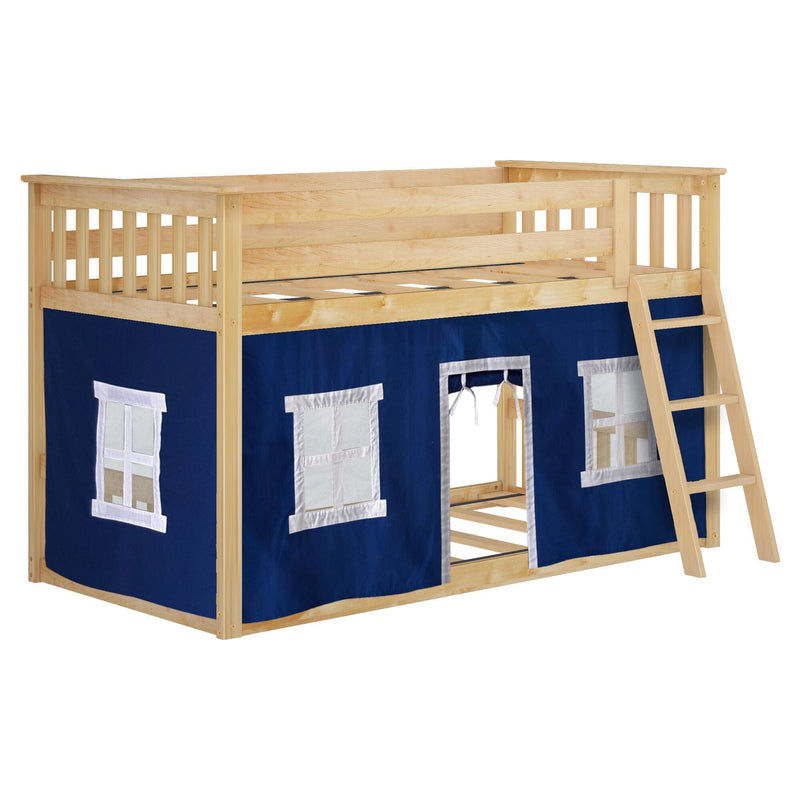 Wooden loft bed with blue tent and ladder for kids.