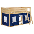 Natural pine kids loft bed with ladder and navy blue playhouse tent skirt with fabric windows and doorway for imaginative play