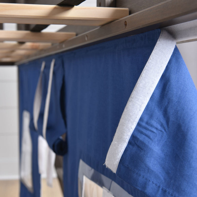 Blue bunk bed curtain with white Velcro strip and clear storage pockets hanging under wooden bed frame — children's bed canopy and under-bed organizer