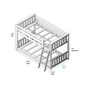 Wooden twin-over-full bunk bed frame with angled ladder and slatted guardrails, isometric diagram with dimensions 81.5" L x 54.25" W x 50" H and 31" underbed clearance, space-saving kids' bedroom solution