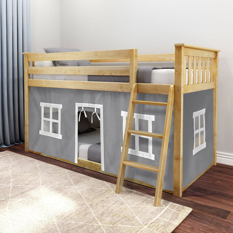 Natural wood children's loft bed with ladder and gray playhouse curtain featuring windows and doorway in a modern kids' bedroom.