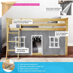 180214001054 : Bunk Beds Twin-Size Low Bunk Bed With Curtain, Natural + Grey Curtain