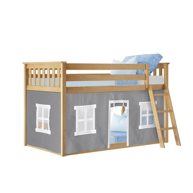 Natural wood twin loft bed with ladder, gray playhouse curtain and blue bedding — children's bunk bed for kids' bedroom
