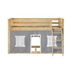 180214001054 : Bunk Beds Twin-Size Low Bunk Bed With Curtain, Natural + Grey Curtain