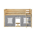 Kids loft bed in light natural wood with ladder and gray fabric playhouse curtain featuring window cutouts and doorway