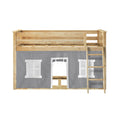 Natural pine loft bed for kids with ladder and gray fabric play-tent curtains featuring window cutouts, space-saving design