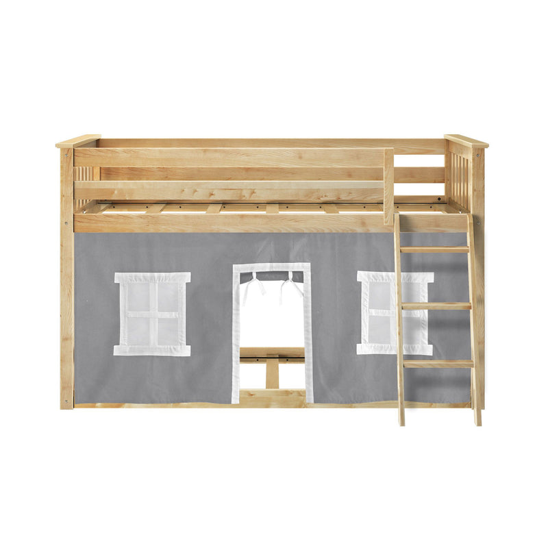Natural pine loft bed for kids with ladder and gray fabric play-tent curtains featuring window cutouts, space-saving design