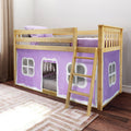 Natural wood twin loft bed for kids with ladder, purple playhouse tent panels and pink polka-dot bedding