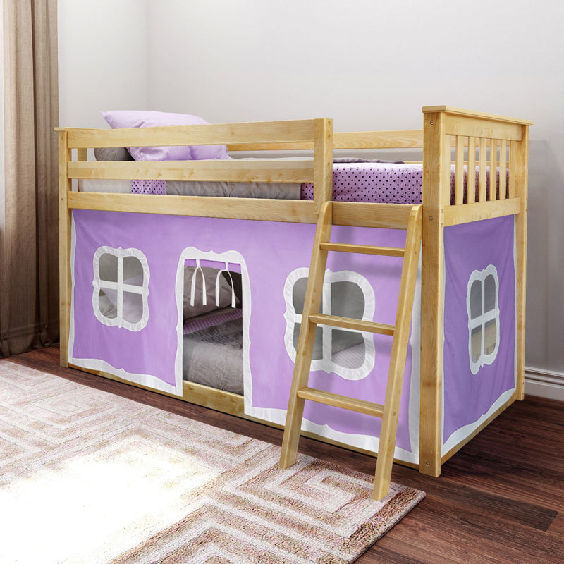 Natural wood twin loft bed for kids with ladder, purple playhouse tent panels and pink polka-dot bedding