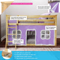 Low-profile solid pine kids loft bed with purple play-tent curtain, angled ladder, reversible ladder position, 400 lb capacity and secure Velcro attachments