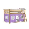 Natural wood kids loft bed with ladder and purple playhouse curtain and window cutouts — elevated bed and play area