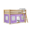 Natural wood loft bed with ladder, purple play-tent skirt featuring cutout windows, twin mattress and gray pillows — kids' loft bunk bed