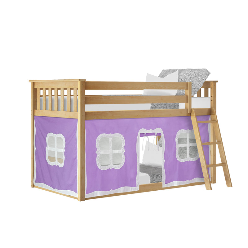Natural wood loft bed with ladder, purple play-tent skirt featuring cutout windows, twin mattress and gray pillows — kids' loft bunk bed